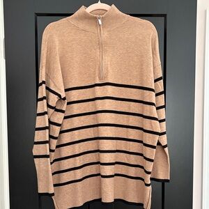 AVA & VIV Tan/Black Striped Long Sleeve Sweater. 3/4 Front Zipper. Size XXL